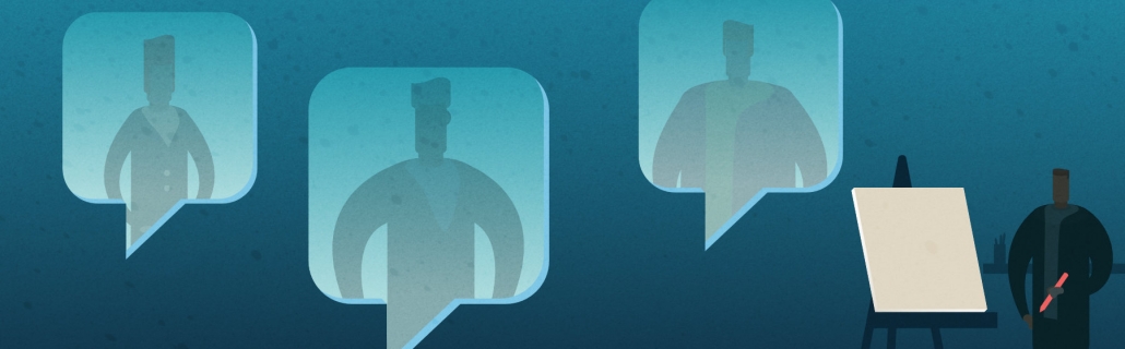 A person draws figures of other people inside conversation bubbles.