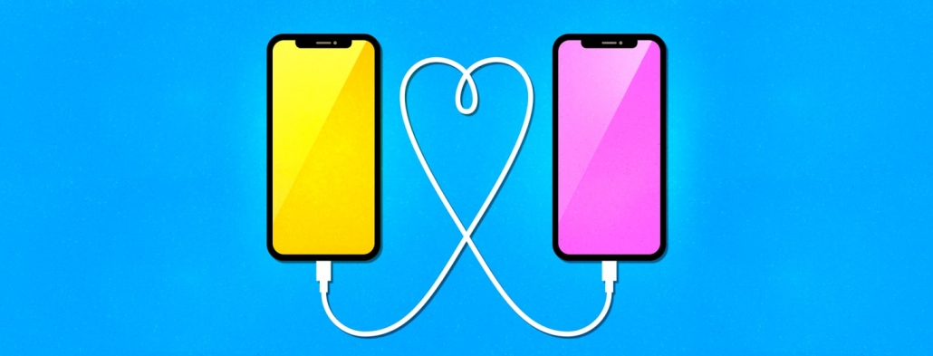 Two phones are connected with a wire in the shape of a heart