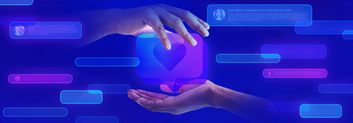 Two hands holding a comment bubble with a heart, surrounded by comment bubbles