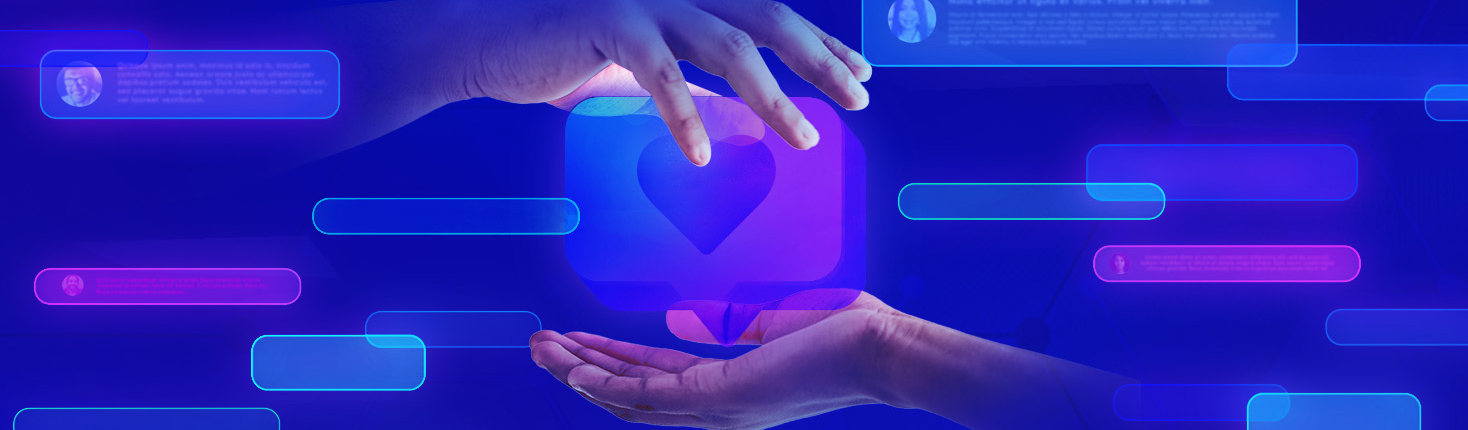 Two hands holding a comment bubble with a heart, surrounded by comment bubbles