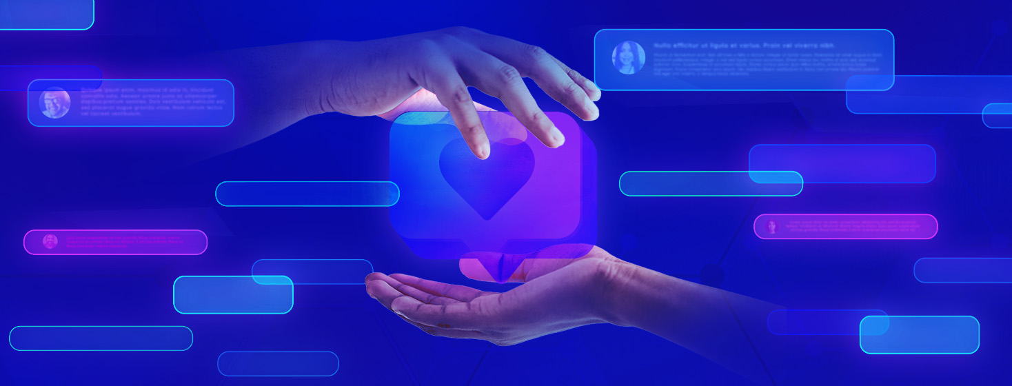 Two hands holding a comment bubble with a heart, surrounded by comment bubbles