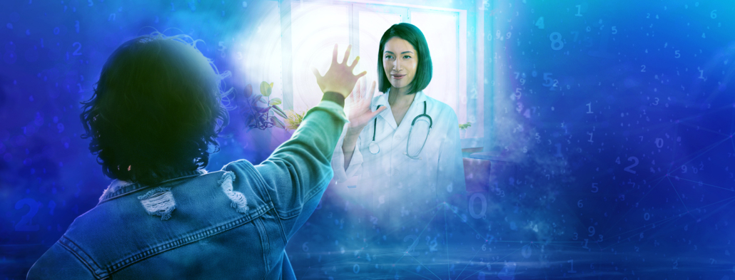 A person reaches through a cloud of random numbers and symbols into a portal revealing a health care provider reaching back at them.