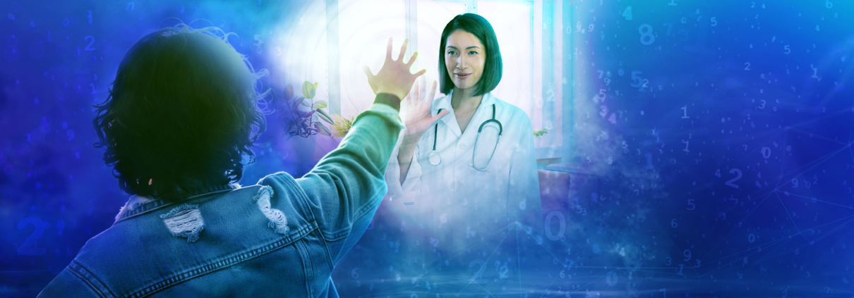 A person reaches through a cloud of random numbers and symbols into a portal revealing a health care provider reaching back at them.