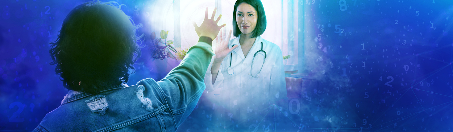 A person reaches through a cloud of random numbers and symbols into a portal revealing a health care provider reaching back at them.