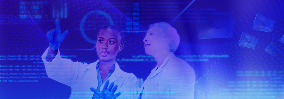 Two female Healthcare Professionals (HCPs) in lab coats reviewing glowing digital data and medical information on a screen, demonstrating a modern, high-tech approach to community and collaboration