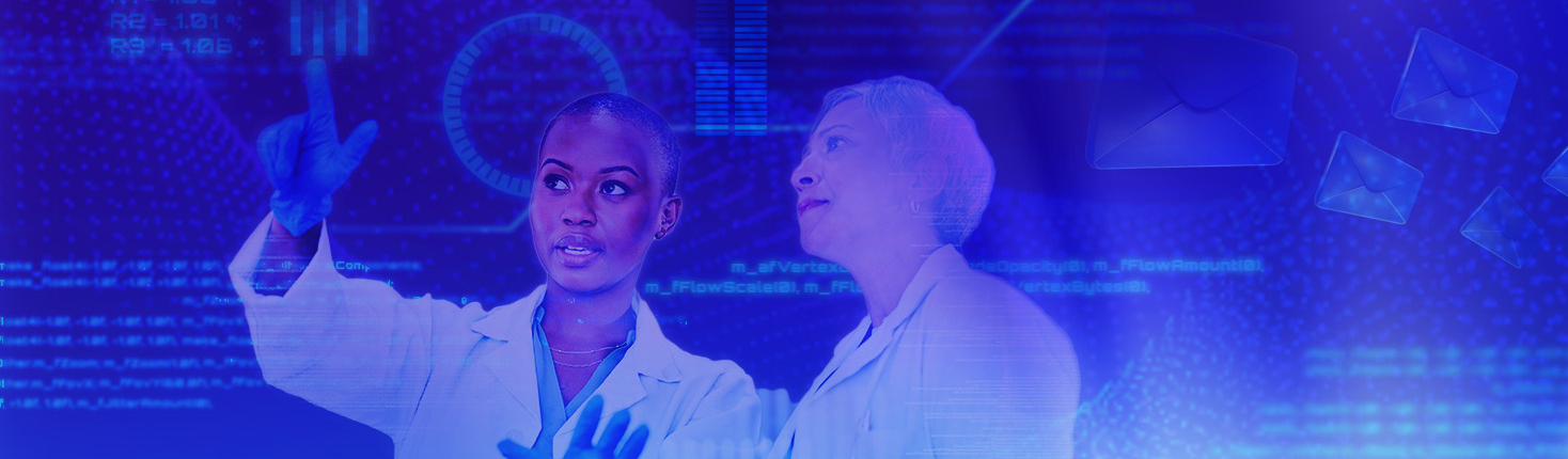 Two female Healthcare Professionals (HCPs) in lab coats reviewing glowing digital data and medical information on a screen, demonstrating a modern, high-tech approach to community and collaboration