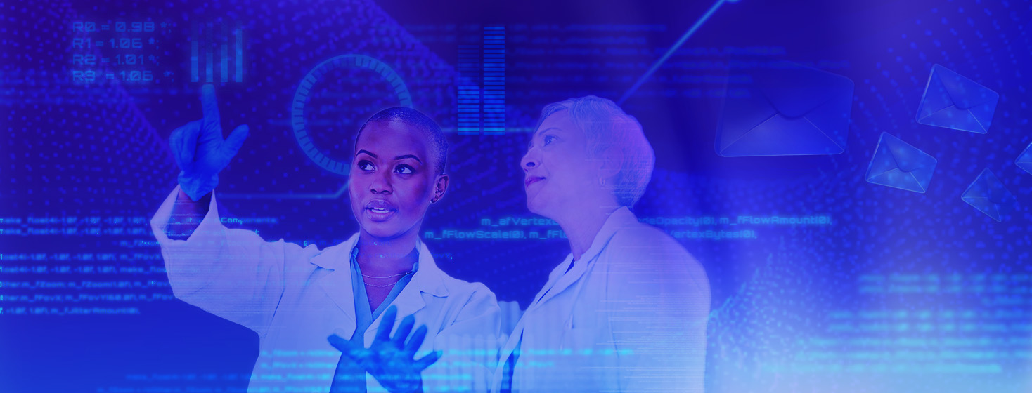 Two female Healthcare Professionals (HCPs) in lab coats reviewing glowing digital data and medical information on a screen, demonstrating a modern, high-tech approach to community and collaboration