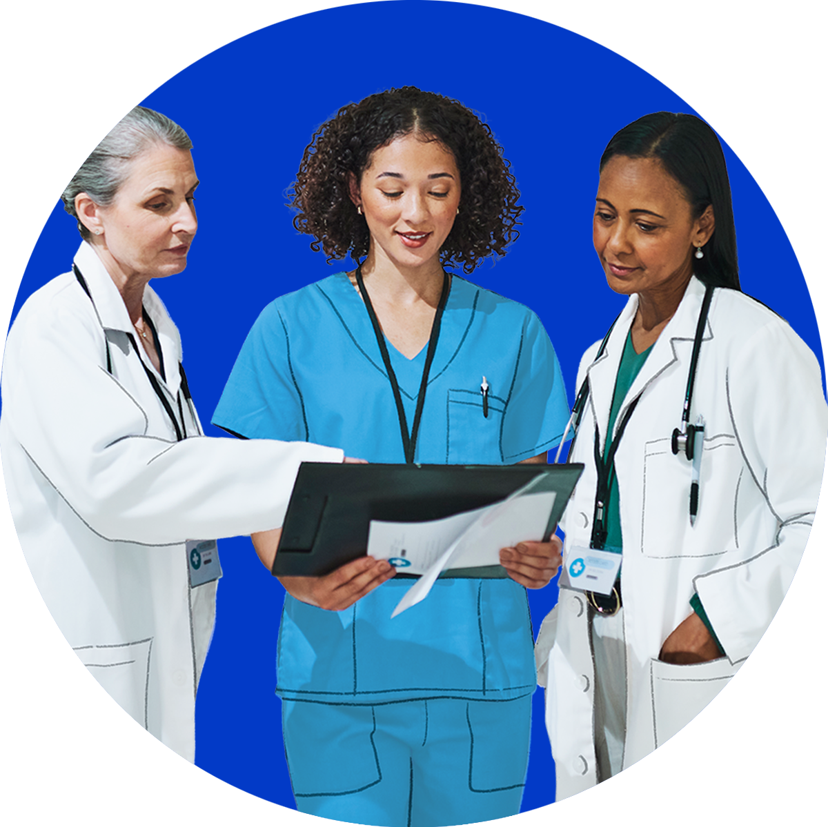 Two doctors and a nurse look over paperwork together.