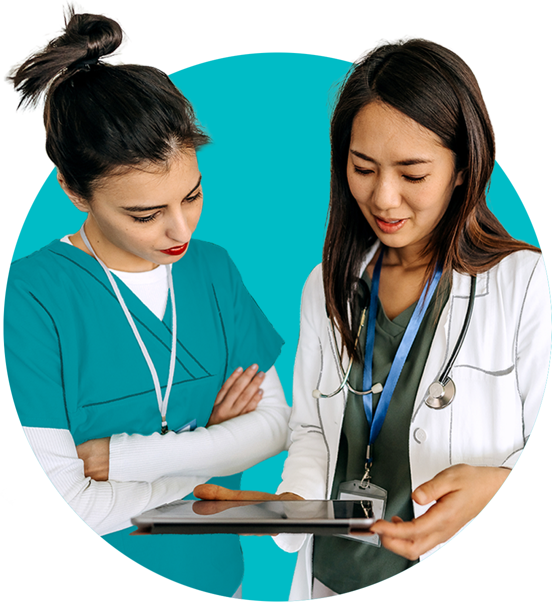 A nurse and a doctor look over information on a tablet.