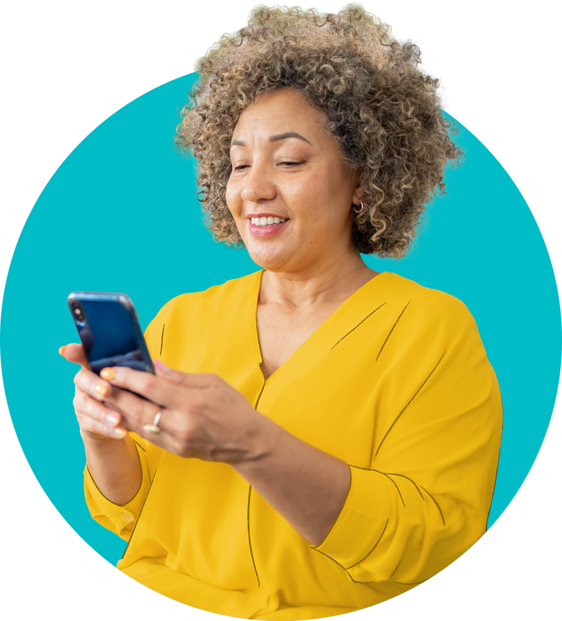 DTC-spot-large-2026 A woman looking at her phone and smiling.