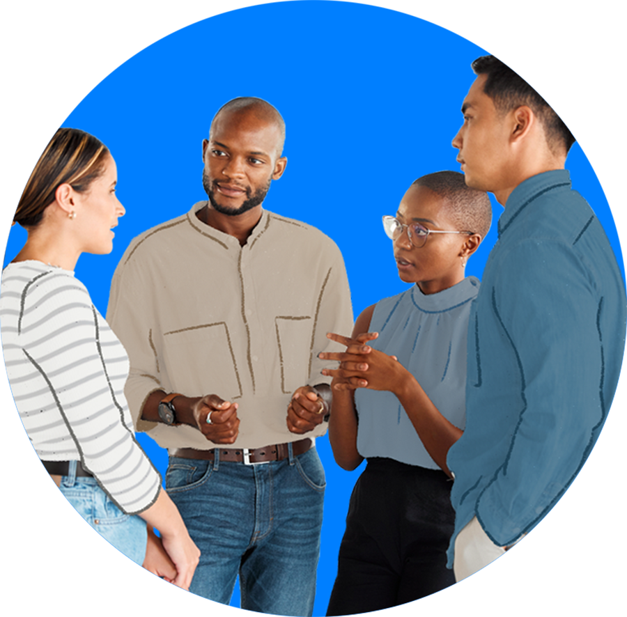A group of professionals brainstorm together.