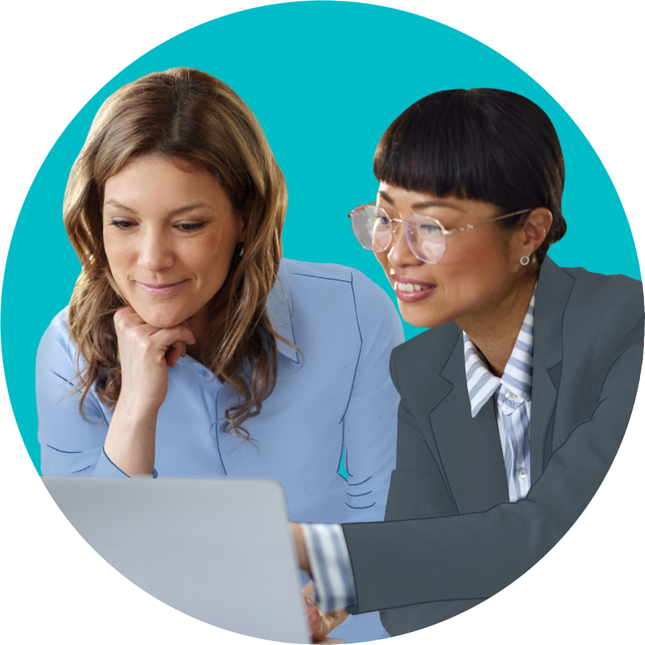 Two women looking at a computer screen.