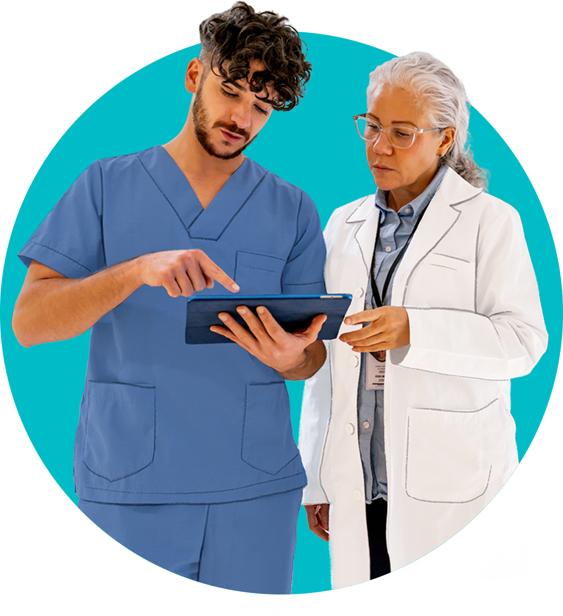 A nurse shows a doctor information on a tablet.