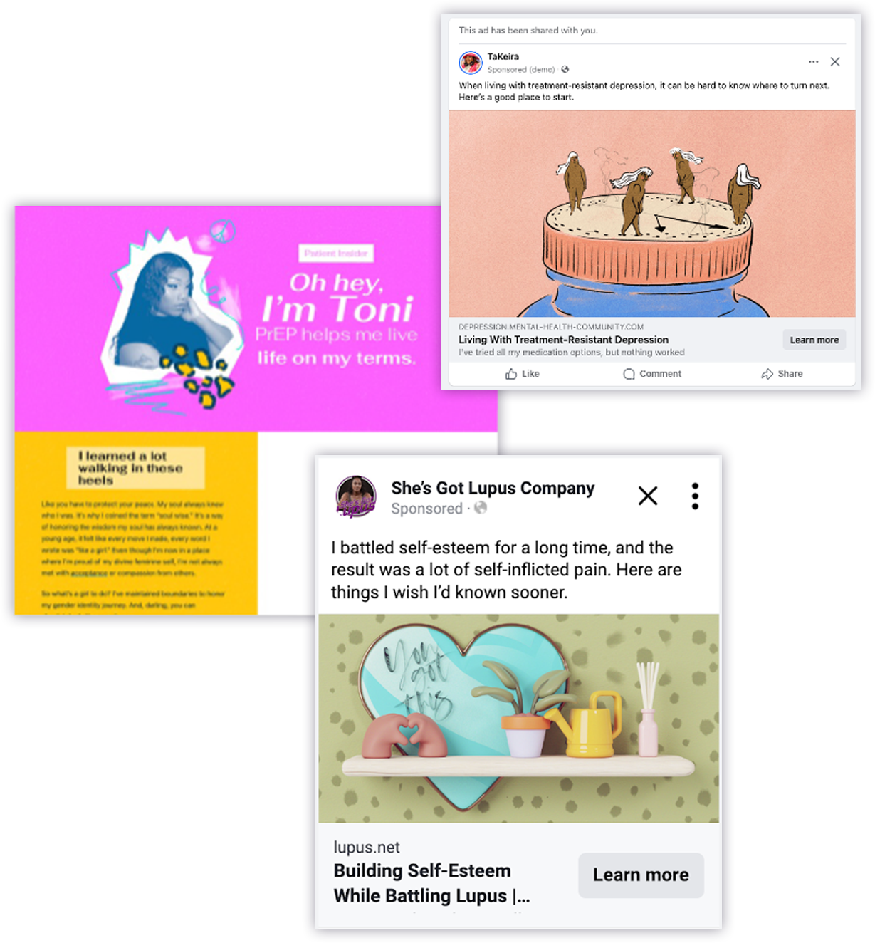 Product shots of a patient insider and two variations of patient influencer social media posts