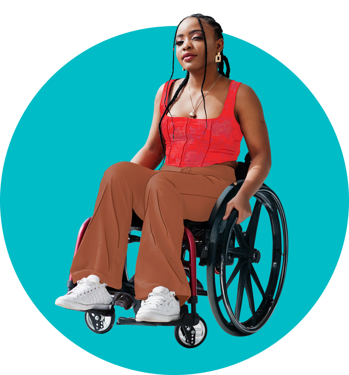 A woman in a wheelchair.