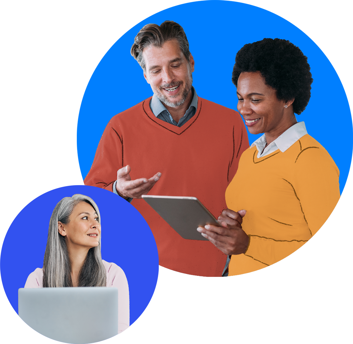 A man and woman look at a tablet together and a woman sitting with her laptop.