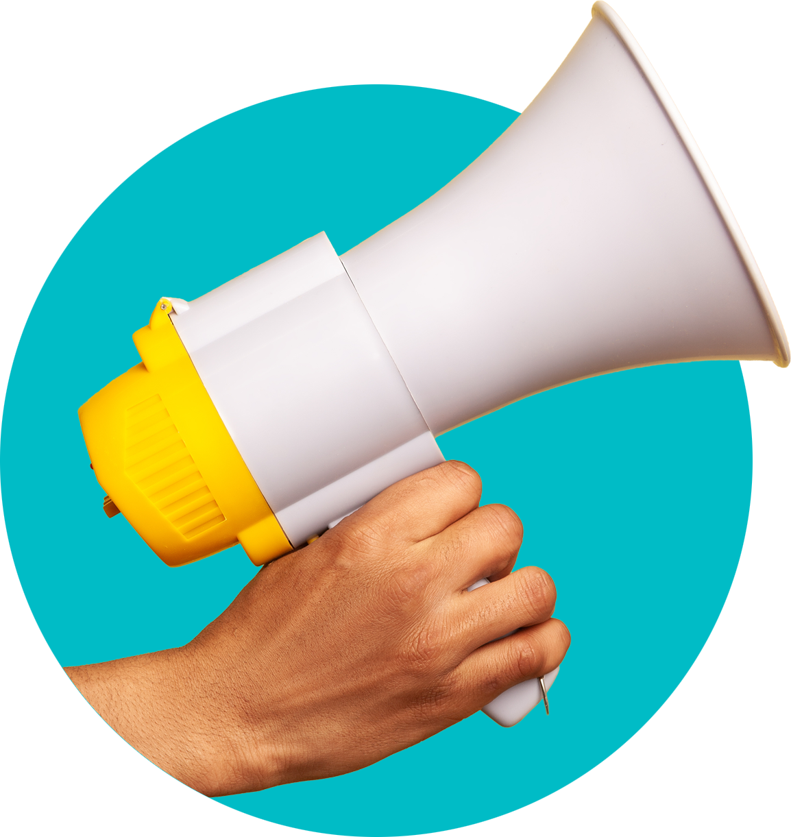 Press-kit-spot-large-2026 A hand holding a megaphone.