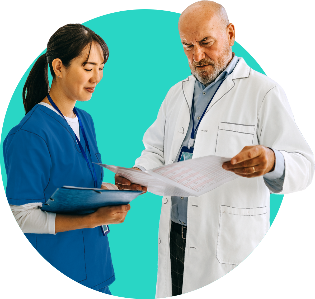 Two healthcare professionals look at a report in a folder.