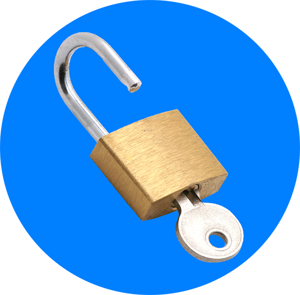 An opened lock with a key in it