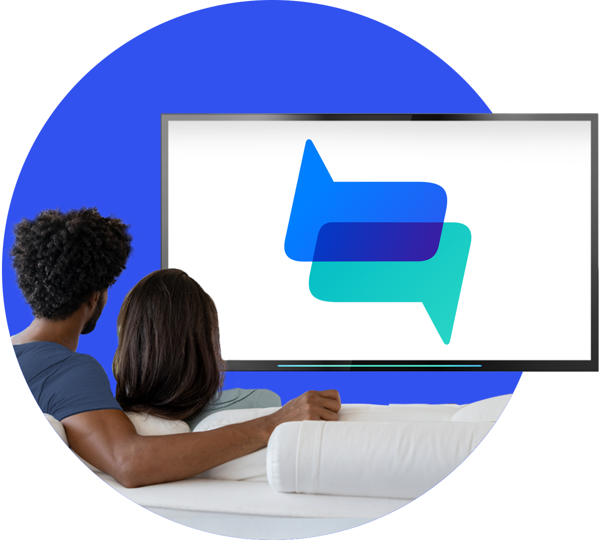A man and woman sit on a sofa together watching TV with the Health union logo on it.